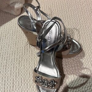 Ivanka Trump Silver Crystal Embellished Jute Wedge Sandals